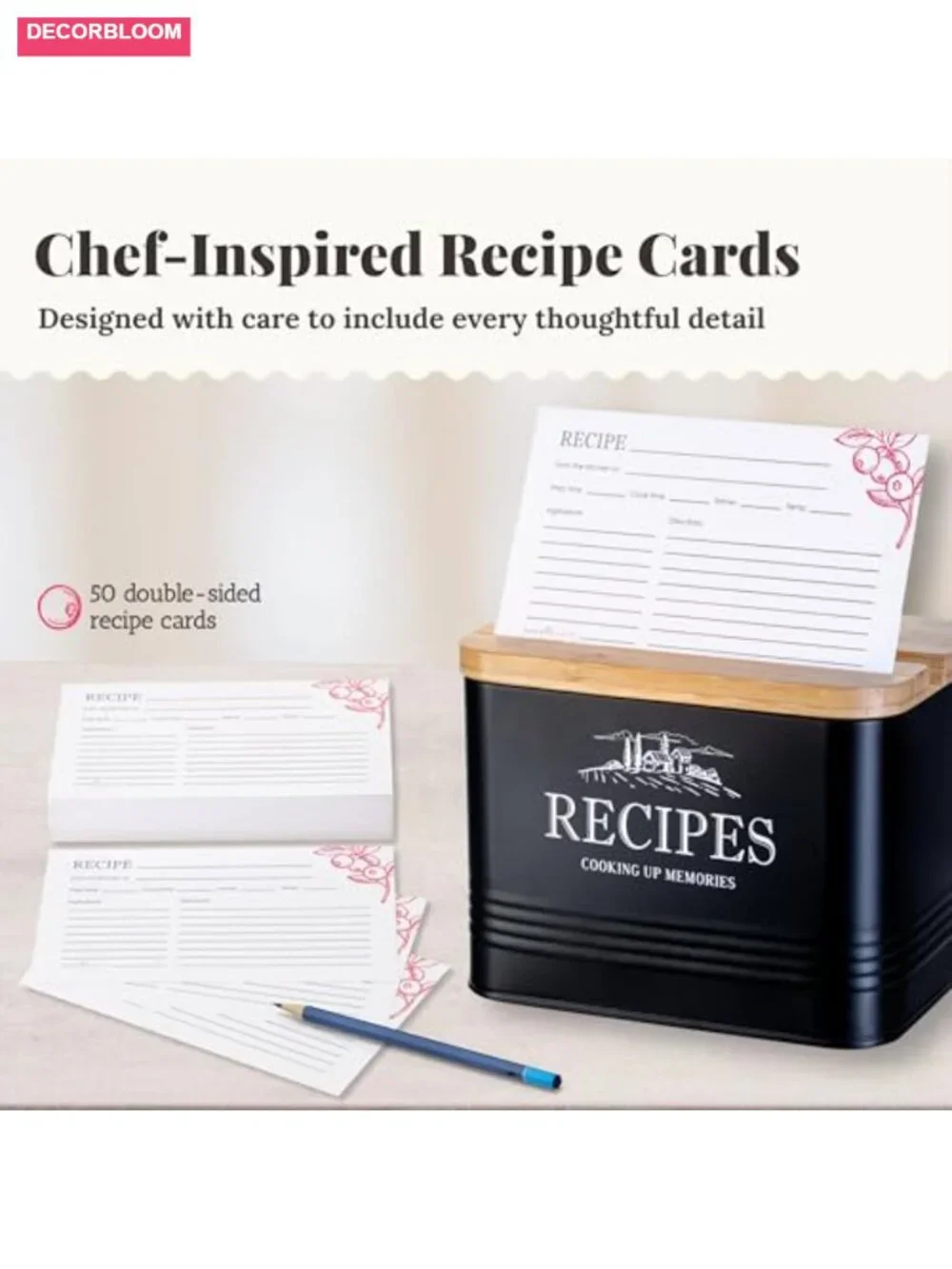 Metal Recipe Box & 3 Kitchen Canisters Set with Utensil Holder